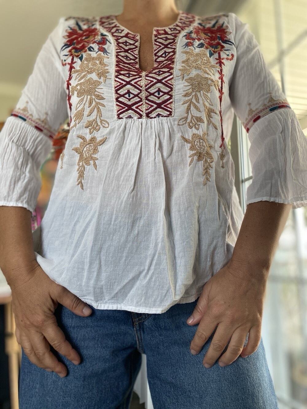 JOHNNY WAS Embroidered Veronica Flare Sleeve Blouse V-Neck S